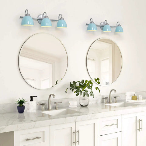 Blue Metal Shade Three Light Vanity Light With Brushed Nickel Finish Over Mirror For Bathroom Bedroom And Hallway, 21.5 Inch Length