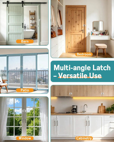Lock Down Your Doorway With Heavy Duty White U Shaped Sliding Door Lock Featuring Tough Anti Pry Rotating Latch For 90 Or 180 Degree Barn Doors Quick High Mount Setup in various home settings.