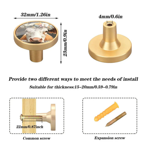 4 Pack Gold Cabinet Knobs Set With Dual Screws For Drawers Walls Dresser Round Pull Handles Scratch Resistant Finish Acrylic And Zinc Alloy Hardware Dope Rustic Cow Garland Fence Design shown in detail with measurements and installation options.