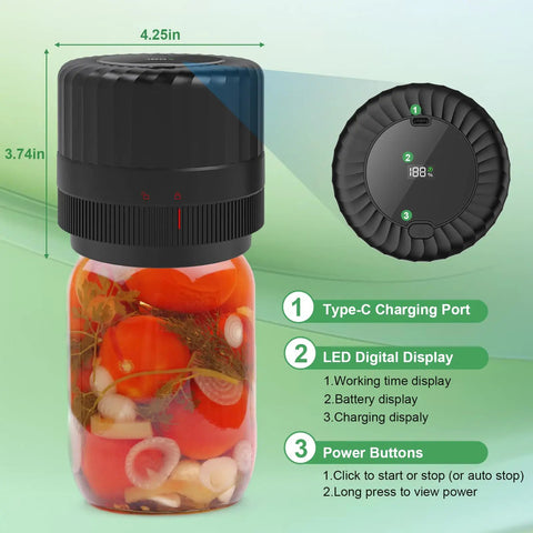 Electric Vacuum Sealer For Mason Jars VP06 Plus with digital display and charge port sealing jar with vegetables.