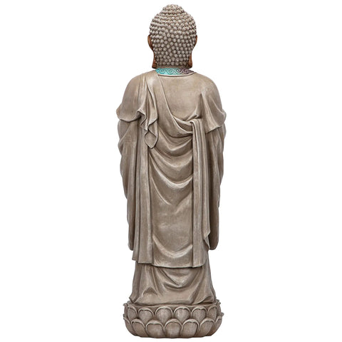 Back view of Asian Bodh Gaya Buddha Garden Statue, 30 Inch Tall Cast Stone Resin Sculpture With Faux Stone And Metallic Finish