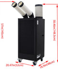 Top Tier 220V Industrial Portable Air Conditioner 15400 Btu Spot Cooler For Warehouses Auto Shops And Venue Sites Badass Cooling Machine that shows dimensions and dual exhaust.