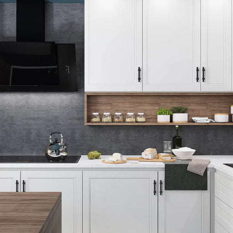 Modern kitchen with Black Cabinet Pulls 15 Pack With Three Inch Hole Centers, Easy Install, Five Inch Long stainless steel hardware on white cabinets.