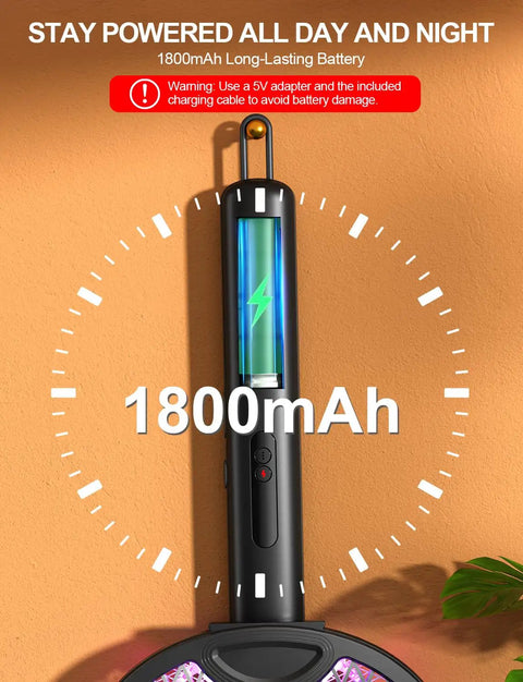 Close-up of Electric Fly Swatter Bug Zapper Racket with 4000V Power, showing 1800mAh battery indicator and USB charging port.