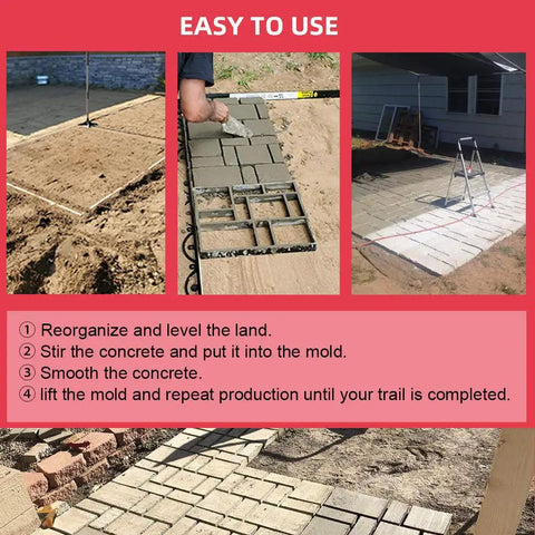 DIY installation of Reusable Concrete Walkway Molds 2 Pack 17.5 Inch 15.5 Inch 1.5 Inch Path Paver Set creating a garden path.