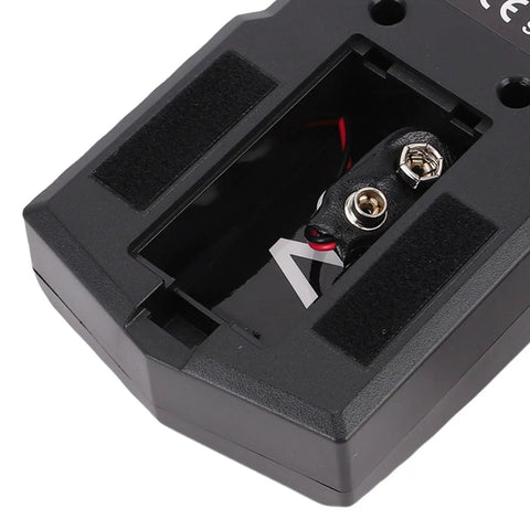 Close-up view of the Hilitand Wall Scanner Detector battery compartment, showcasing wiring and clip design.