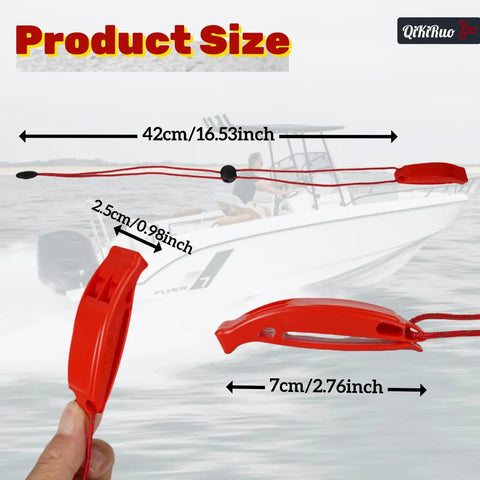 Red boat safety lanyard with dimensions 42cm x 2.5cm x 7cm shown, used for marine craft, overlaid on speeding boat background.