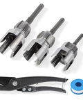 Three Size Pipe Threader Kit For Plumbing Repairs With One Half Inch, Three Quarter Inch, And One Inch Threaders, internal and external threading, drill ready