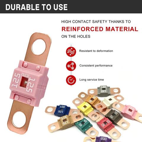 Three Piece Midi Fuse Assortment Featuring 125 Amp High Current Copper Plated Bolt On Battery Fuses For Cars Trucks And Heavy Gear With Hella Tough Road Ready Protection, showing fuses in assorted colors.