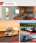 Collage showing RV Dual CO And Propane Alarm Hardwired 12V DC Detector With Three Brackets in use in kitchen, travel trailer, truck camper, and truck applications.