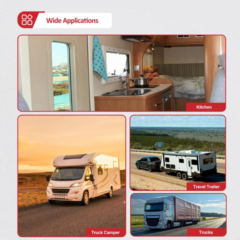 Collage showing RV Dual CO And Propane Alarm Hardwired 12V DC Detector With Three Brackets in use in kitchen, travel trailer, truck camper, and truck applications.