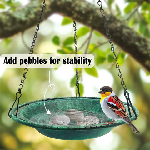 Hanging Bird Bath And Feeder Bowl For Outdoors 12 Inch With Chains Durable Weather Resistant PP Antique Green with bird perched.