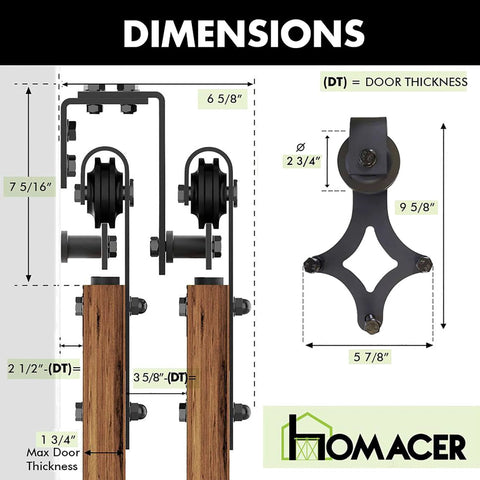 Dimensions of Rustic Black Double Track U Shape Bypass Sliding Barn Door Hardware Kit for Four Doors With 12 Foot Flat Track