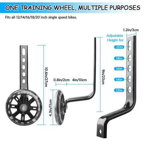 Diagram of Quiet Heavy Duty Training Wheels For Kids Bikes Stabilizer Kit showing adjustable metal supports and measurements.