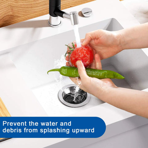 Hand washing vegetables in sink with Splash Guard Collar For Garbage Disposals 3 1 8 Inch Multi Function Drain Plugs Sink Baffle on drain
