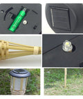 Close-up of Bamboo Solar Torch Light Outdoor Garden Pathway Landscape Spike Spotlight Tiki Torch With Warm White LEDs Auto On Off By Light Sensor No Wiring 60cm Handcrafted Patio Lighting Ten Pack materials and components.