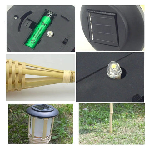 Close-up of Bamboo Solar Torch Light Outdoor Garden Pathway Landscape Spike Spotlight Tiki Torch With Warm White LEDs Auto On Off By Light Sensor No Wiring 60cm Handcrafted Patio Lighting Ten Pack materials and components.