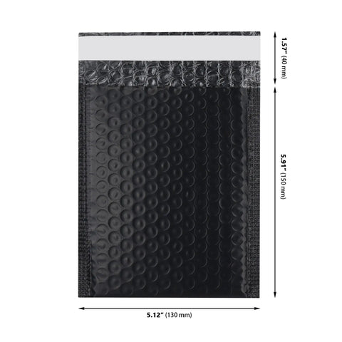 100 Pack 5 By 6 Inch Black Poly Bubble Mailers Self Seal Padded Envelopes Waterproof Shipping Bags, front view showing measurements