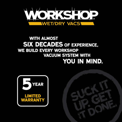 Workshop Wet Dry Vacs text image highlighting six decades of experience and a 5-year limited warranty, with bold phrases "Suck It Up. Get It Done."