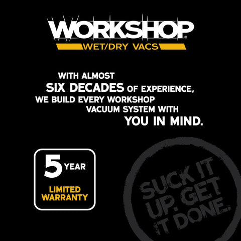 Workshop wet dry vacs six decades experience with 5 year warranty slogan "Suck it up. Get it done."