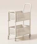 Rock Solid Two Tier Rolling Storage Cart With No Sweat Mobility And Compact Perforated Metal Baskets Ideal For Living Rooms Offices And Daily Grind featuring white metal baskets.