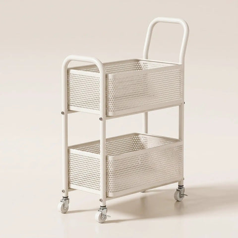 Rock Solid Two Tier Rolling Storage Cart With No Sweat Mobility And Compact Perforated Metal Baskets Ideal For Living Rooms Offices And Daily Grind featuring white metal baskets.