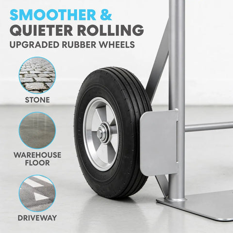 Close-up of upgraded rubber wheel on moving equipment demonstrating smoother rolling on stone, warehouse floor, and driveway surfaces.