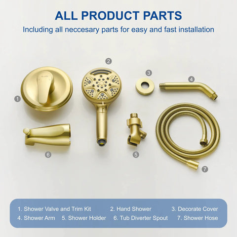 Brushed Gold Tub And Shower Faucet Set With Waterfall Spout Wall Mount Shower System Includes 5 Inch Shower Head And 9 Setting Handheld