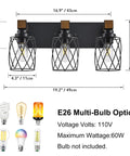 Farmhouse Vanity Light Three Light Wood Over Mirror Fixtures with Black Industrial Metal Shade, E26 Multi-Bulb Option shown