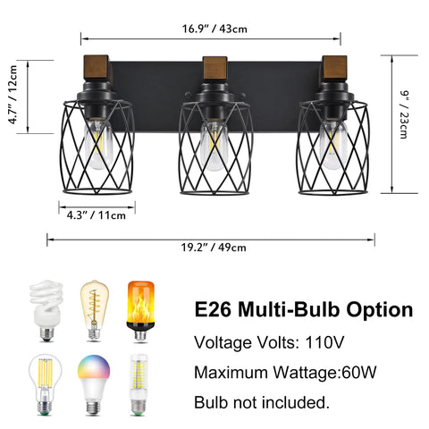 Farmhouse Vanity Light Three Light Wood Over Mirror Fixtures with Black Industrial Metal Shade, E26 Multi-Bulb Option shown