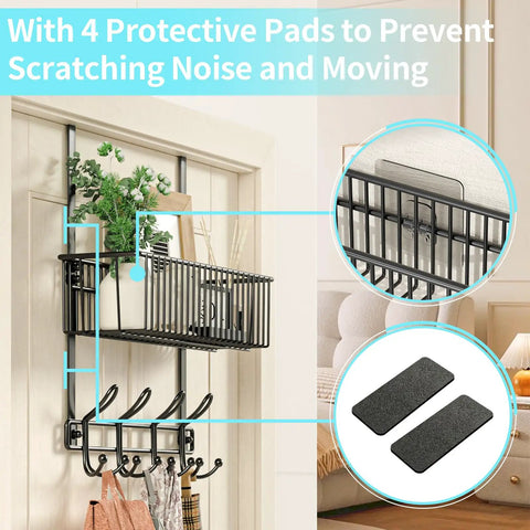 Over The Door Hooks Organizer With Basket And 12 Coat Hooks Grab And Go Door Hanger Storage Rack with protective pads