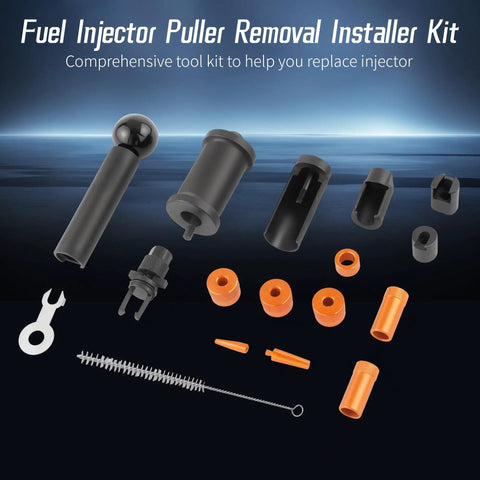 18-piece Fuel Injector Removal Kit With Seal Installer for VW Audi Engines 1.4L to 4.2L V8 FSI TSI, shown with tools displayed