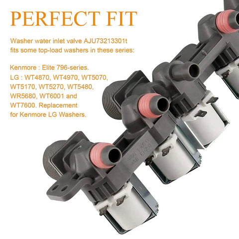 Top Notch OEM Water Inlet Valve Replacement For LG And Kenmore Washers showing lateral view, multiple ports visible.