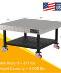 Heavy Duty Mobile Welding Fixture Table, Rock Solid Laser Cut Steel Surface, 60x60 inch with locking caster wheels and storage shelf.