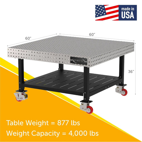 Heavy Duty Mobile Welding Fixture Table, Rock Solid Laser Cut Steel Surface, 60x60 inch with locking caster wheels and storage shelf.