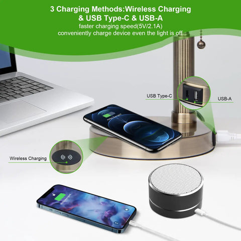 Glass Bankers Desk Lamp With USB Charging Port LED Desk Light Emerald Green Glass Shade Brass Finish Classic Retro Pull Chain