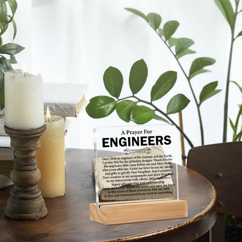 Clear Desk Sign For Engineers Gift Idea Nerdy Graduation Gift For Civil Mechanical Electrical Engineers On A Wood Stand Acrylic Home Office Desk Decor displayed on a wooden desk