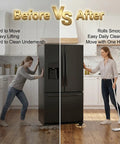 Before and after image showing Heavy Duty Hex Self Adhesive Caster Wheels Four Pack Snap On Furniture Movers under a fridge.