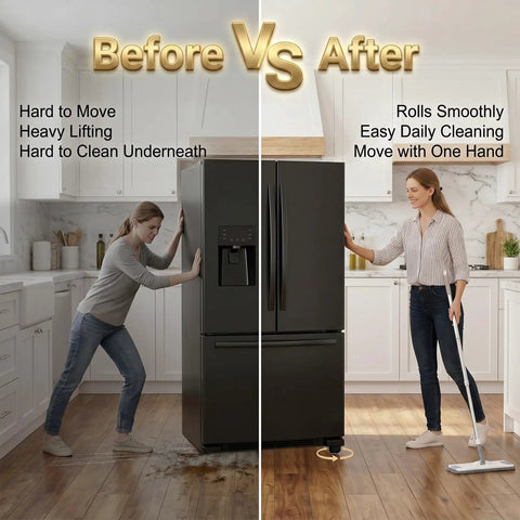 Before and after image showing Heavy Duty Hex Self Adhesive Caster Wheels Four Pack Snap On Furniture Movers under a fridge.