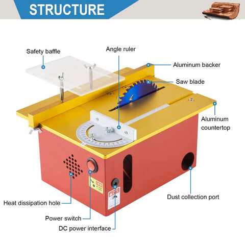 Compact 360W Table Saw For Hobby Woodworking With Adjustable Blade Height 0 To 1.34 Inches Push Table Included Slick Versatile Cut Depth Control For Wood Plastic And Aluminum Projects, showing structure and labeled parts like aluminum countertop, saw blade, and dust collection port.