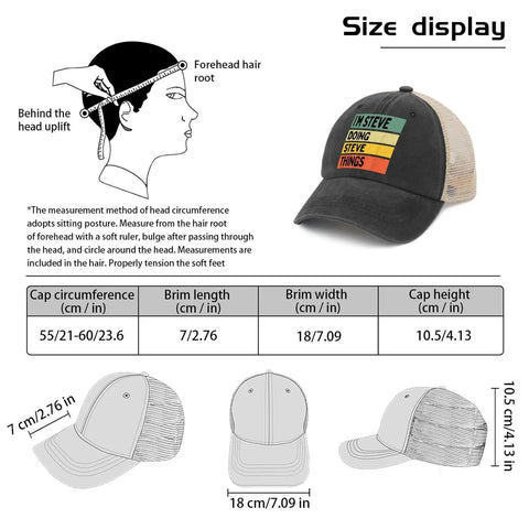 Size display of All Day Cool Unisex Trucker Cap With Adjustable Buckle Fit showing measurements and design details