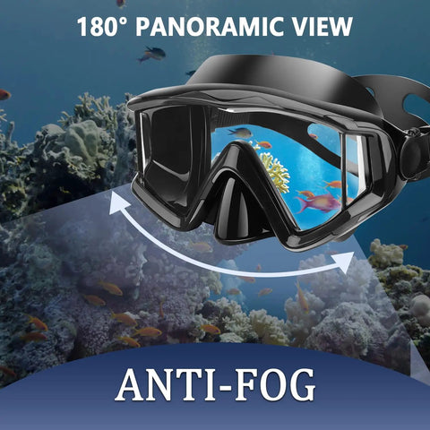 Anti Fog Diving Mask With 180 Degree Field Of View For Adults Dope Snorkel Mask and underwater coral reef background