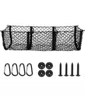 Three Pocket Trunk Cargo Net Made For Tesla Cybertruck 2024 Plus showing black mesh net with carabiners and screws for installation.