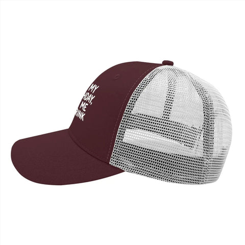 Side view of Its My Birthday Trucker Hat Unisex Cool Baseball Cap with mesh back and adjustable buckle in chestnut red.