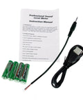 Go-To Digital Sound Level Meter With Backlit Display, High Accuracy Decibel Meter accessories including manual, cable, and batteries