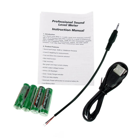 Go-To Digital Sound Level Meter With Backlit Display, High Accuracy Decibel Meter accessories including manual, cable, and batteries
