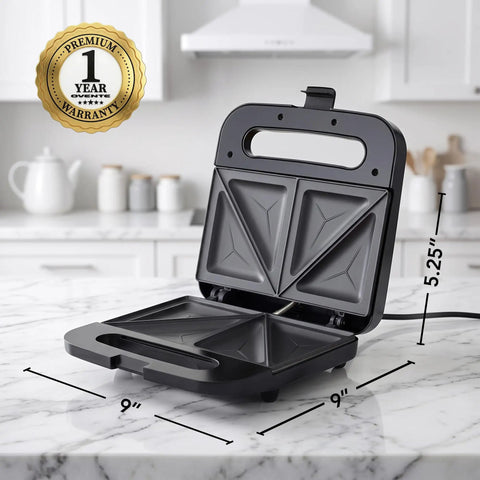 Ovente Electric Sandwich Maker With Quick Heating Non Stick Plates For Toasting Paninis And Omelets Perfect Hot Pressed Breakfast Grill Machine In Sleek Black Finish, open with measurements.