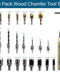 Premium Wood Chamfer Tool Set With Eight Killer Wood Plug Cutter Bits And Seven Dead Nuts Accurate Countersink Drill Bits Paired With Six Five Flute Ninety Degree Precision Drills Plus A Heavy Duty L Wrench For No Sweat Carpentry Builds featuring 23 pieces.