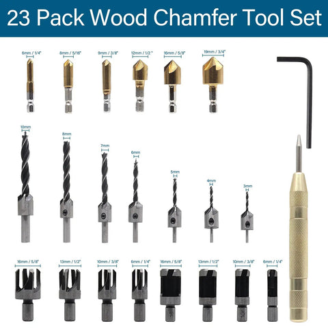 Premium Wood Chamfer Tool Set With Eight Killer Wood Plug Cutter Bits And Seven Dead Nuts Accurate Countersink Drill Bits Paired With Six Five Flute Ninety Degree Precision Drills Plus A Heavy Duty L Wrench For No Sweat Carpentry Builds featuring 23 pieces.