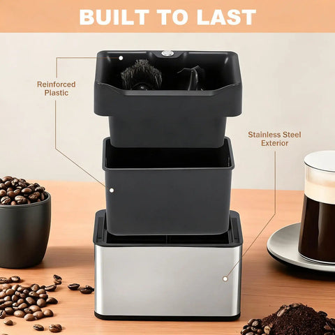 Electric Espresso Knock Box With Automatic Portafilter Cleaner for No Sweat Coffee Puck Disposal and Effortless Barista Counter Setup Perfect for Home Brews or Cafe Crews Today, showcasing stainless steel and plastic materials.